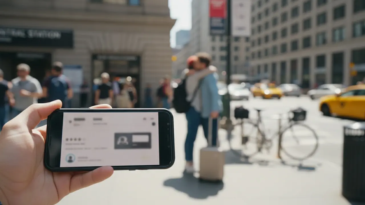 Smartphone med bookingbekræftelse mens to personer mødes ved stationsindgang