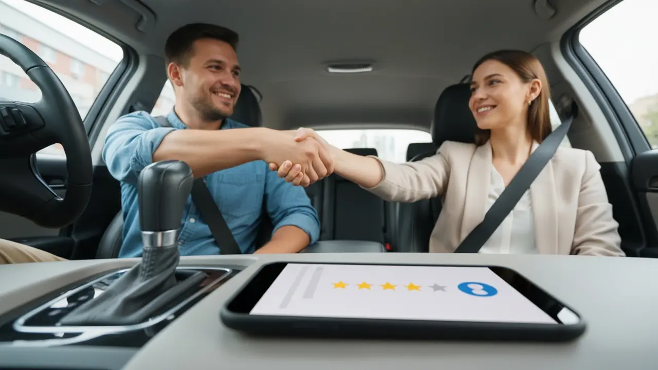 Fører og passager hilser mens telefon viser profil med rating og verifikation