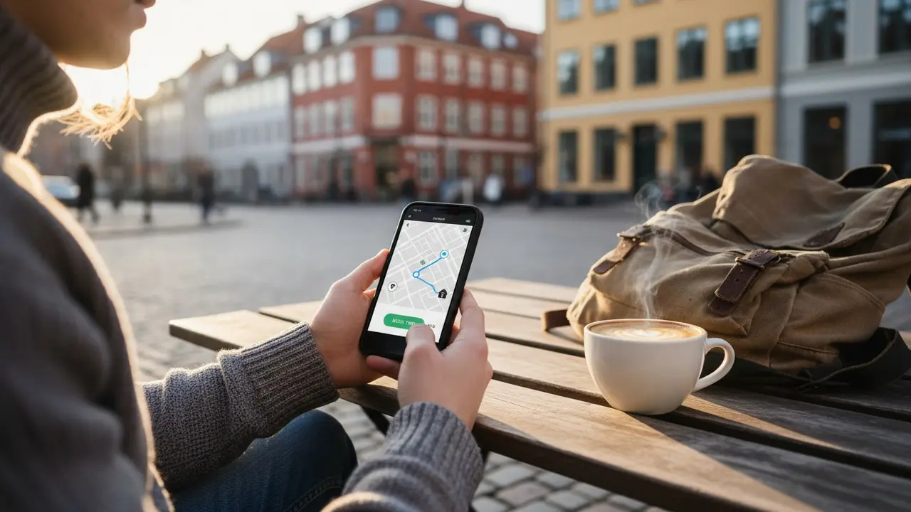 Person sidder på café og bruger samkørselsapp på telefonen