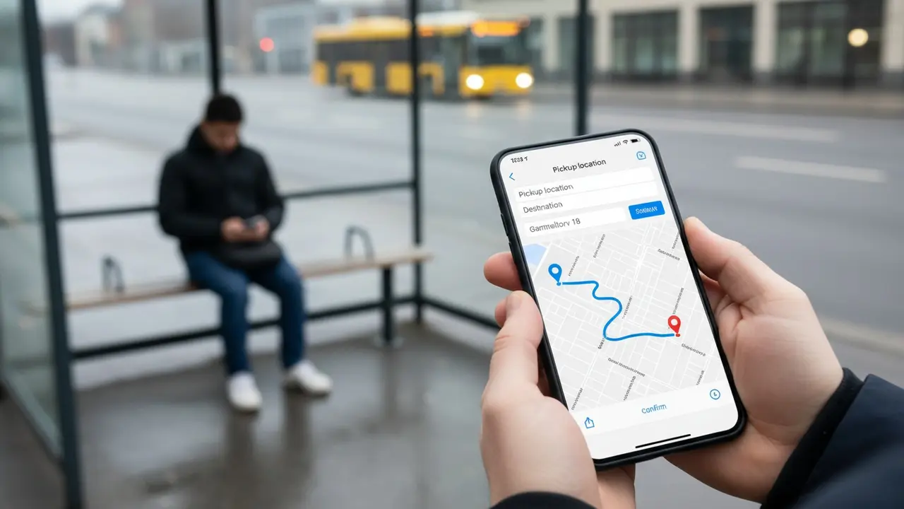 Nærbillede af telefon med indtastning af afgangssted og destination på kort