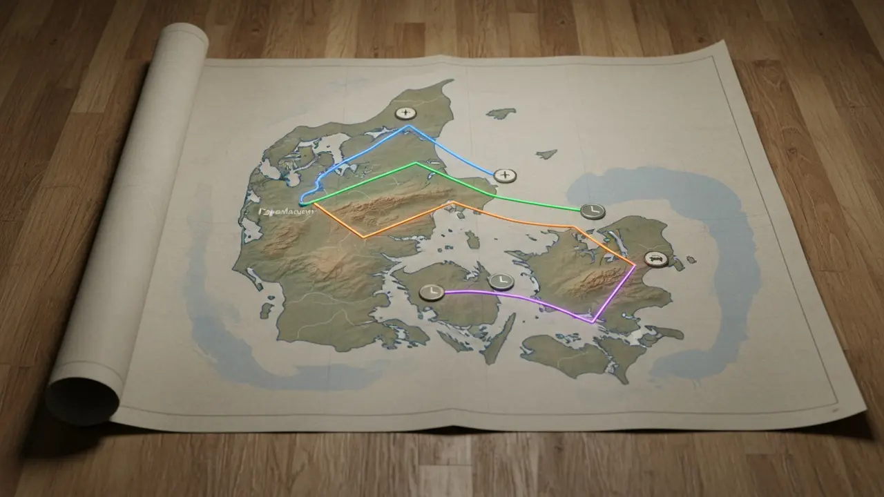 Oversigtskort over Danmark med fremhævede populære samkørselsruter