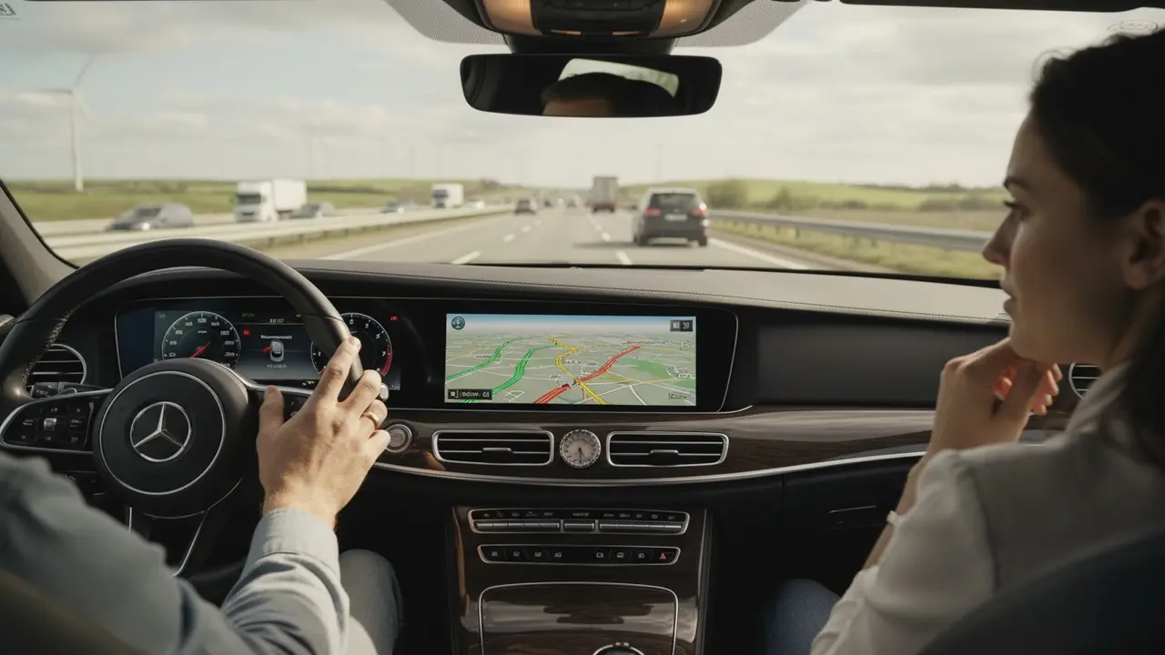 Bilinteriør med navigationsskærm der viser live trafik på ruten