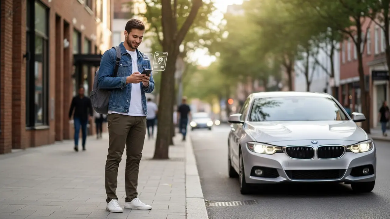 Person tjekker samkørselsapp ved fortovet før afhentning.