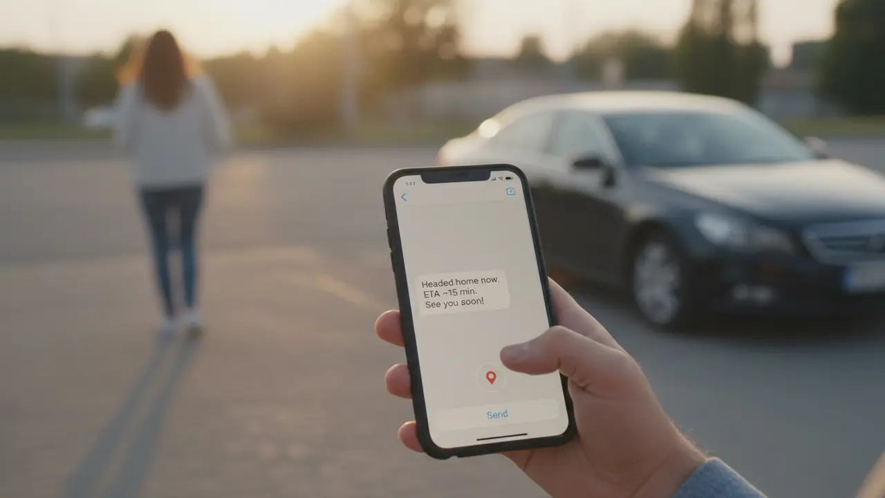 Person deler samkørselsoplysninger og GPS‑lokation med en kontakt via telefon.