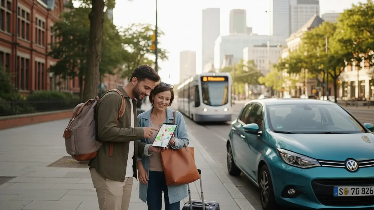 Forskellige rejsende ved en parkeret bil ser på en smartphone med en transportapp.