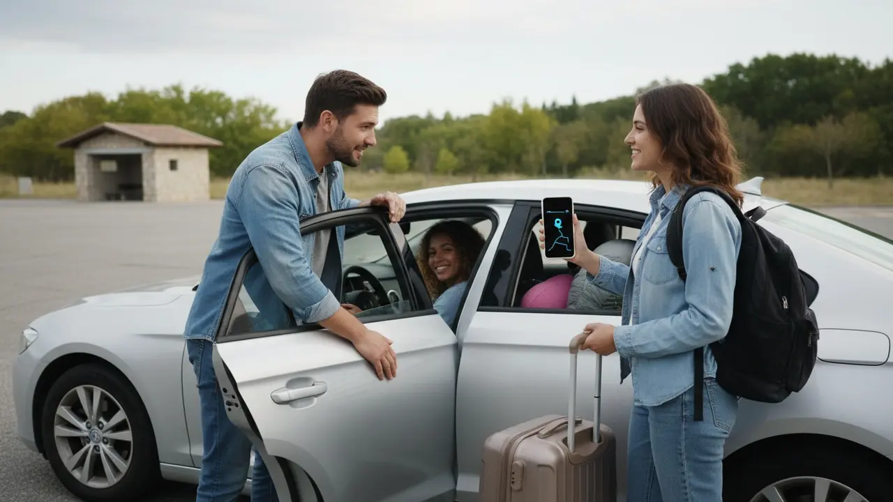 Chauffør åbner dør og henter passager, anden passager i bagagerum med smartphone der viser rute.