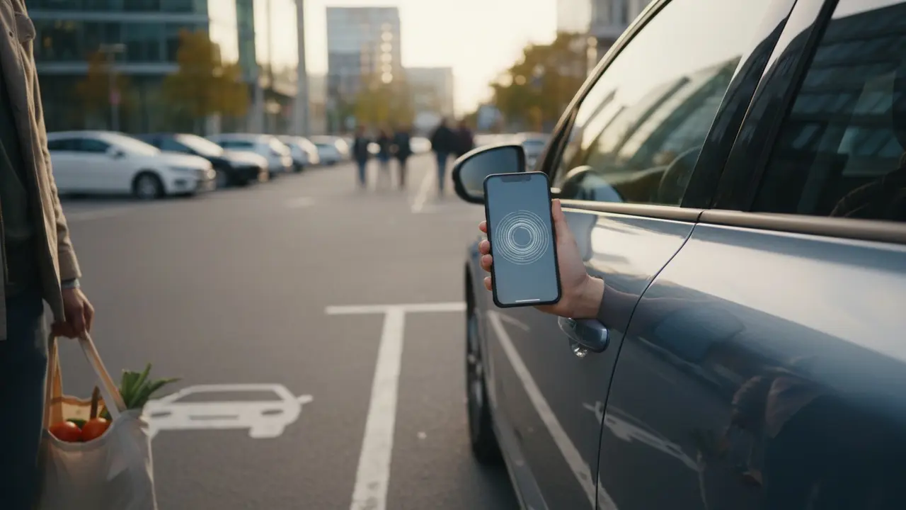 Person låser en delebil op med smartphone ved dørhåndtaget i en byparkeringsplads.