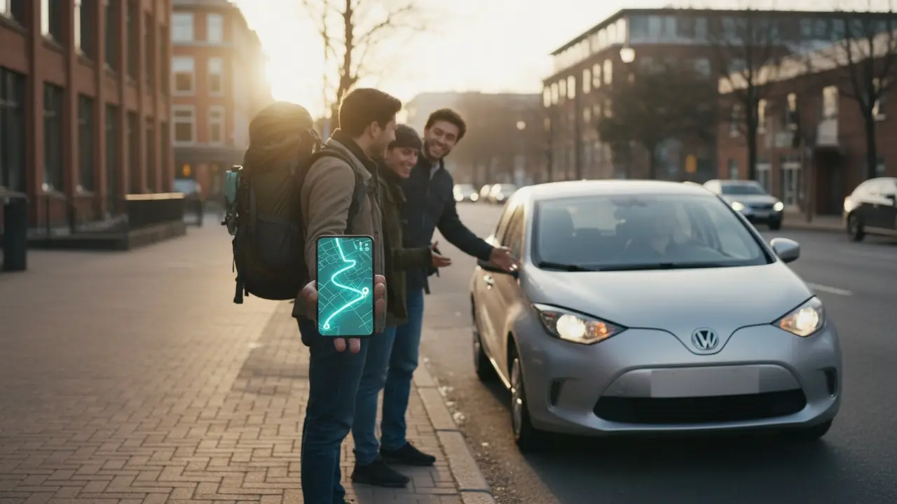 Person tjekker samkørselsapp på telefon ved kantsten med medpassagerer