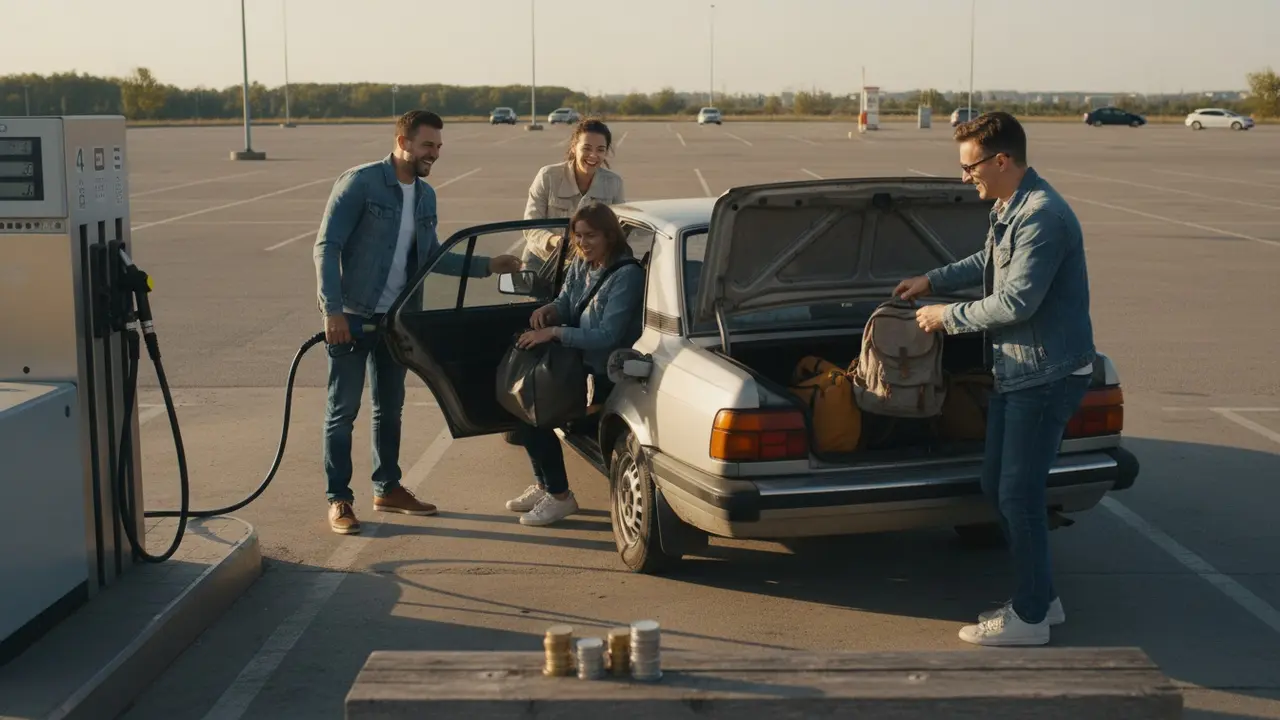 Fire pendlere stiger ind i én bil ved tankstation; tomme parkeringspladser viser besparelser