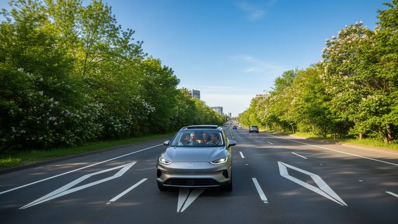 Bil med flere passagerer i samkørselsbane på byvej med få øvrige biler og grønne træer