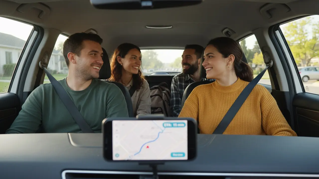 Fire glade pendlere i bil med telefon, kort og delt rute synlig