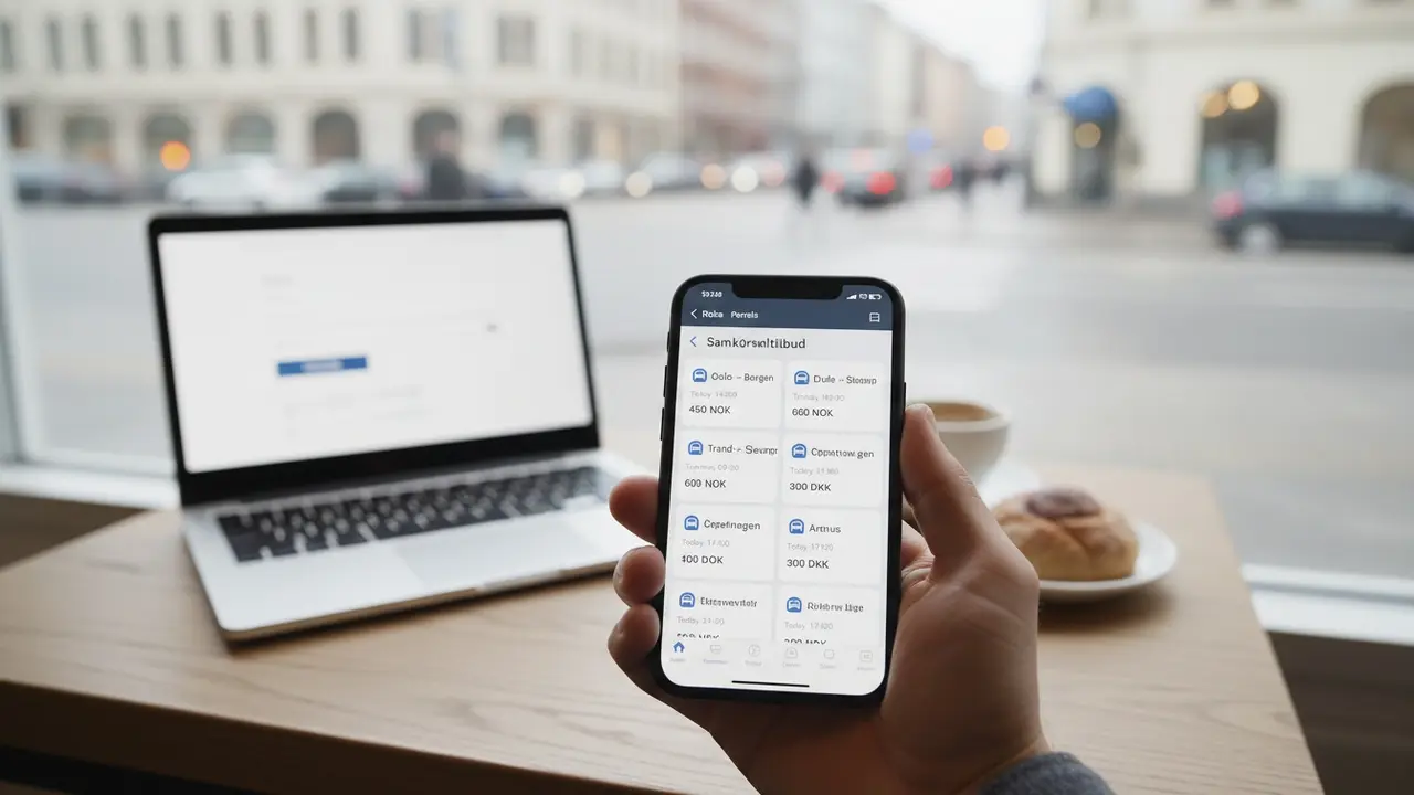 Smartphone der viser flere samkørselstilbud, laptop med søgefelt i baggrunden