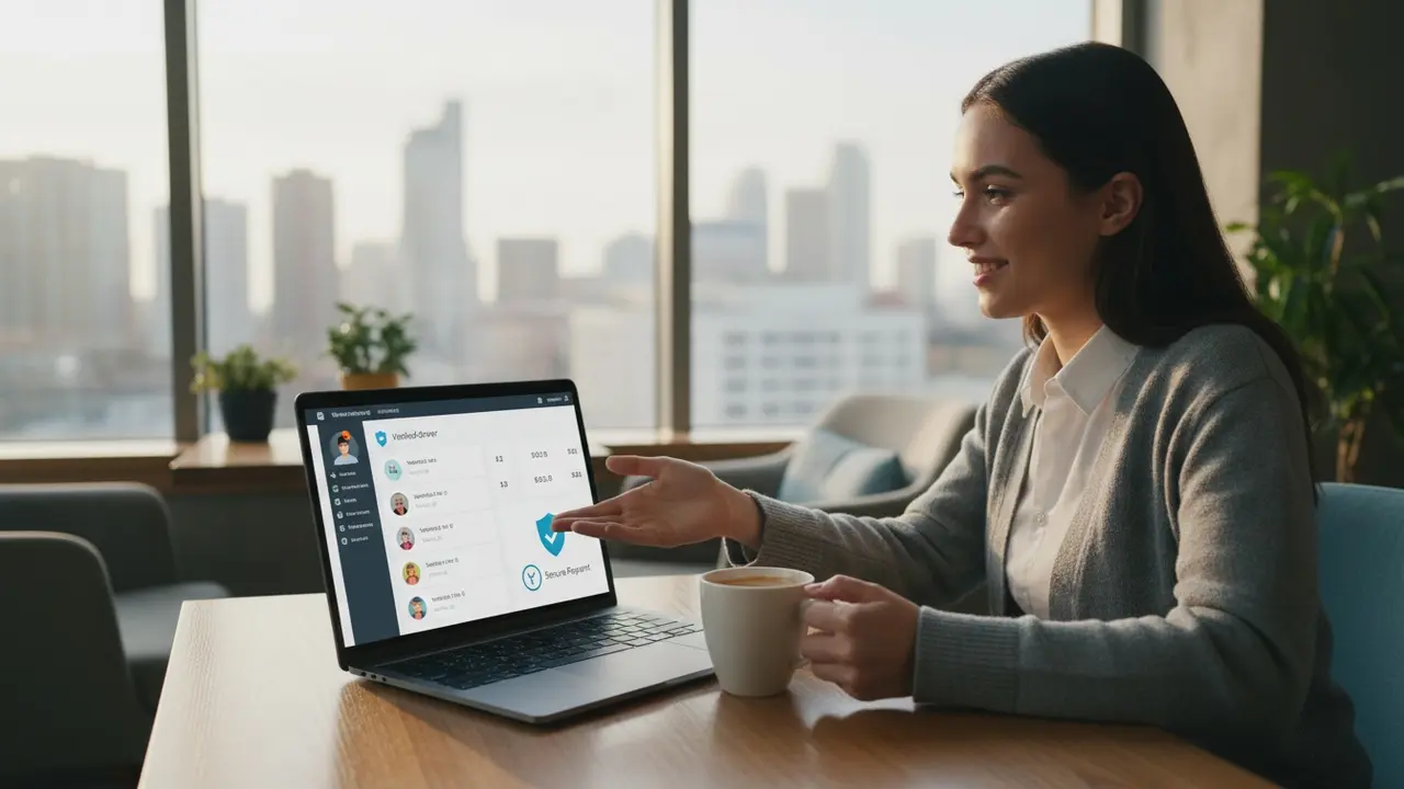 Person på café der søger sikre samkørselstilbud på laptop, ser tilfreds ud
