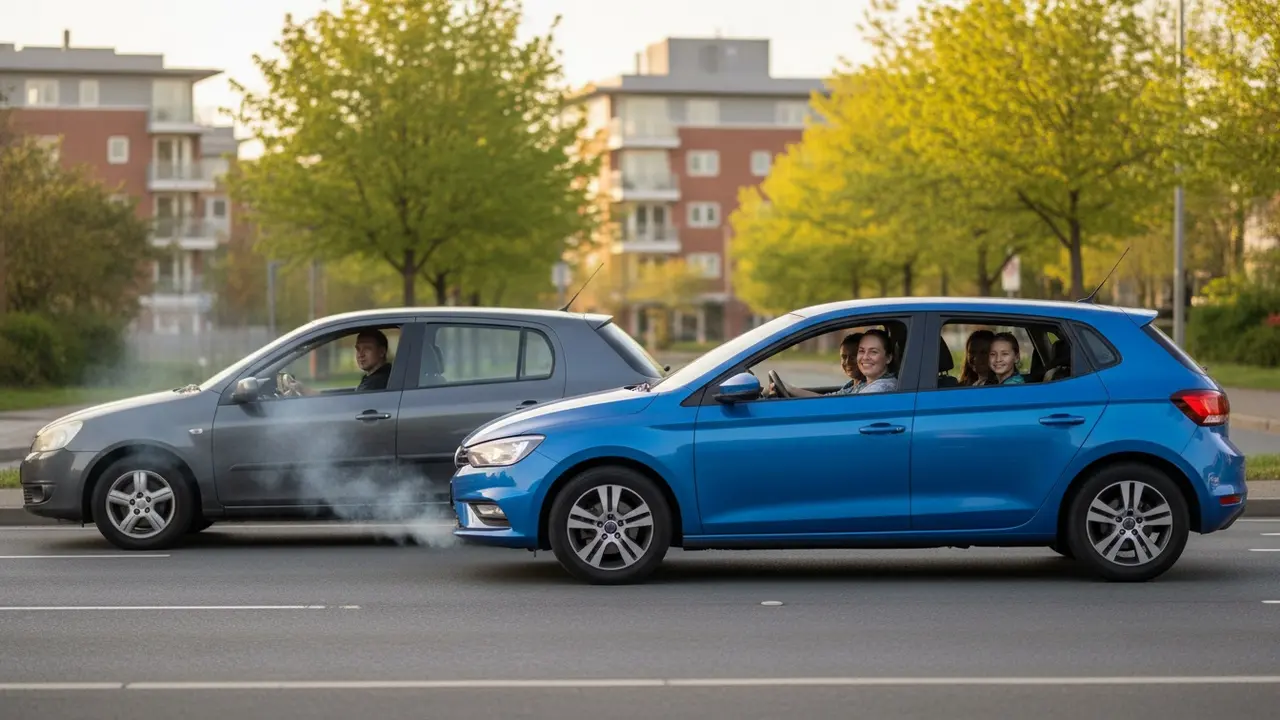 To biler side om side: en med én fører og en med flere passagerer i forårslys