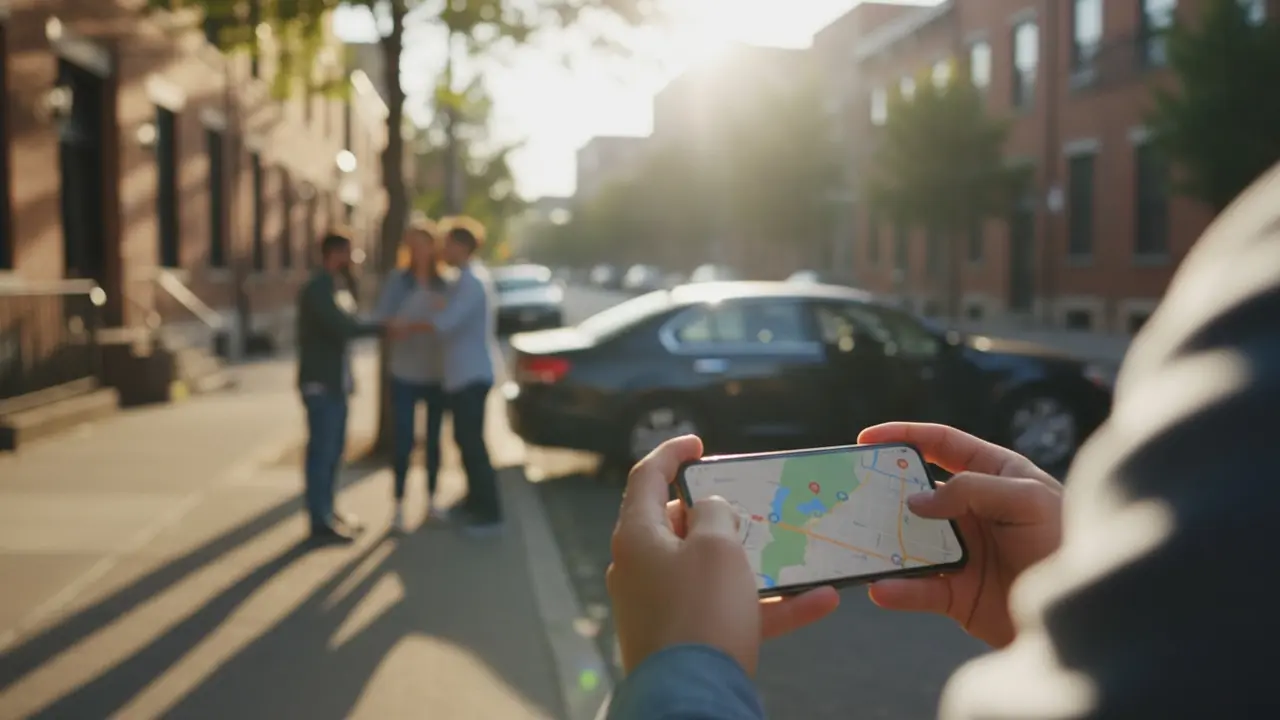 Hænder med smartphone og sløret samkørsels-app i forgrunden, folk stiger ind i bil i baggrunden