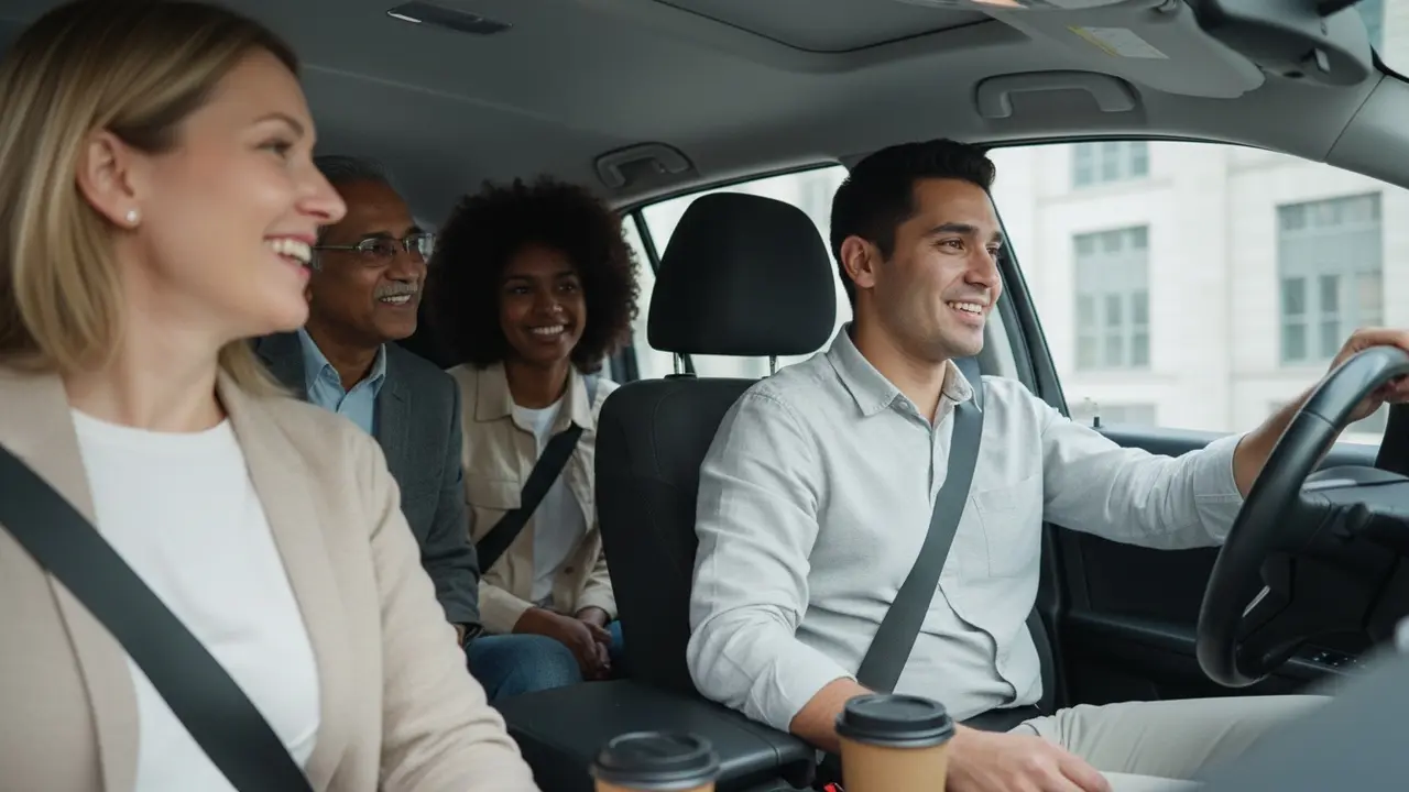 En mangfoldig gruppe i en bil, smilende og samtalende på vej til arbejde.