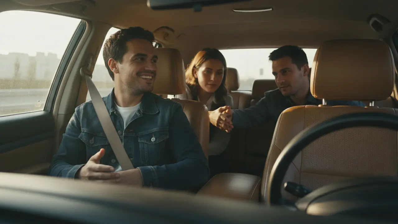 Person tager initiativ til samtale i bilen, smilende introduktion og venlig kontakt.