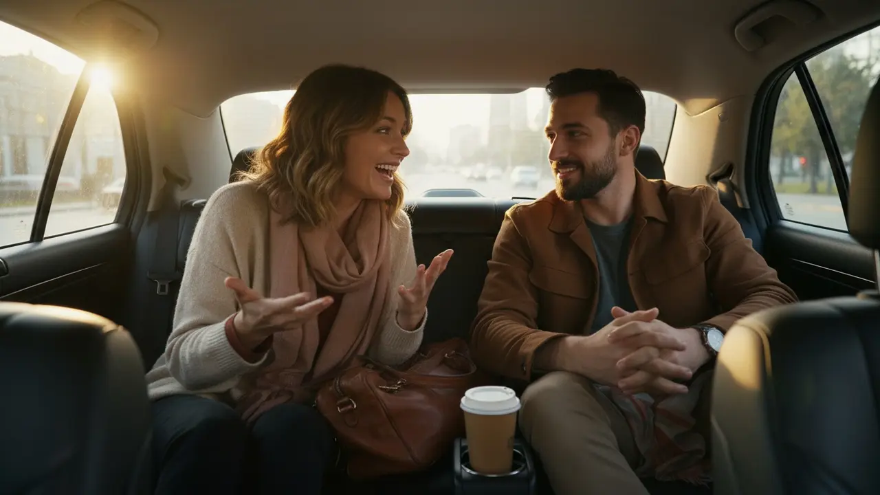 To medpassagerer griner og deler en historie, viser øget trivsel og fællesskab.