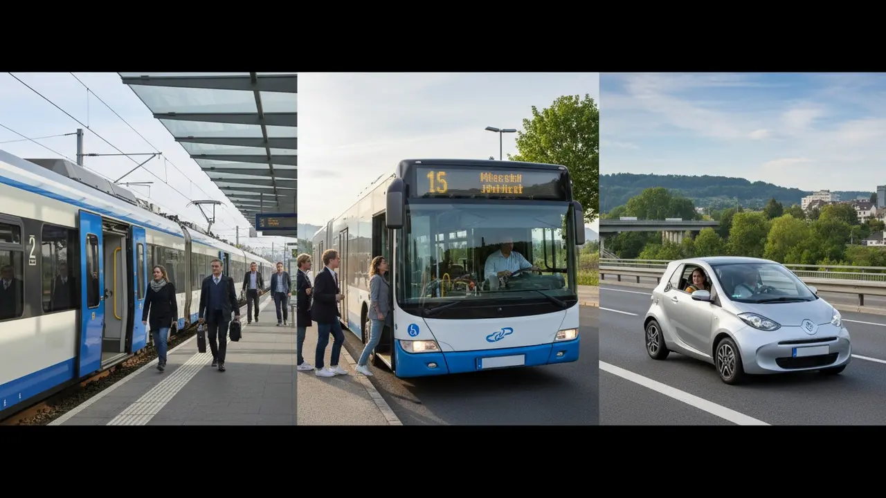 Oversigtsbillede af tog, bus og samkørselsbil ved siden af hinanden