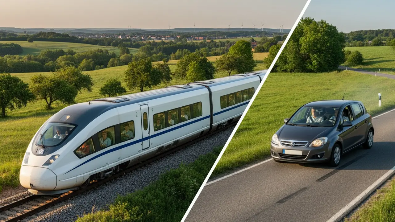 Elektrisk regionaltog i grønt landskab ved siden af en fyldt samkørselsbil