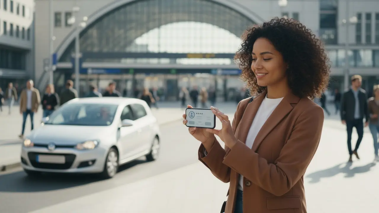 Person tjekker samkørselsapp på telefon ved offentlig mødested, bil ankommer i baggrunden.