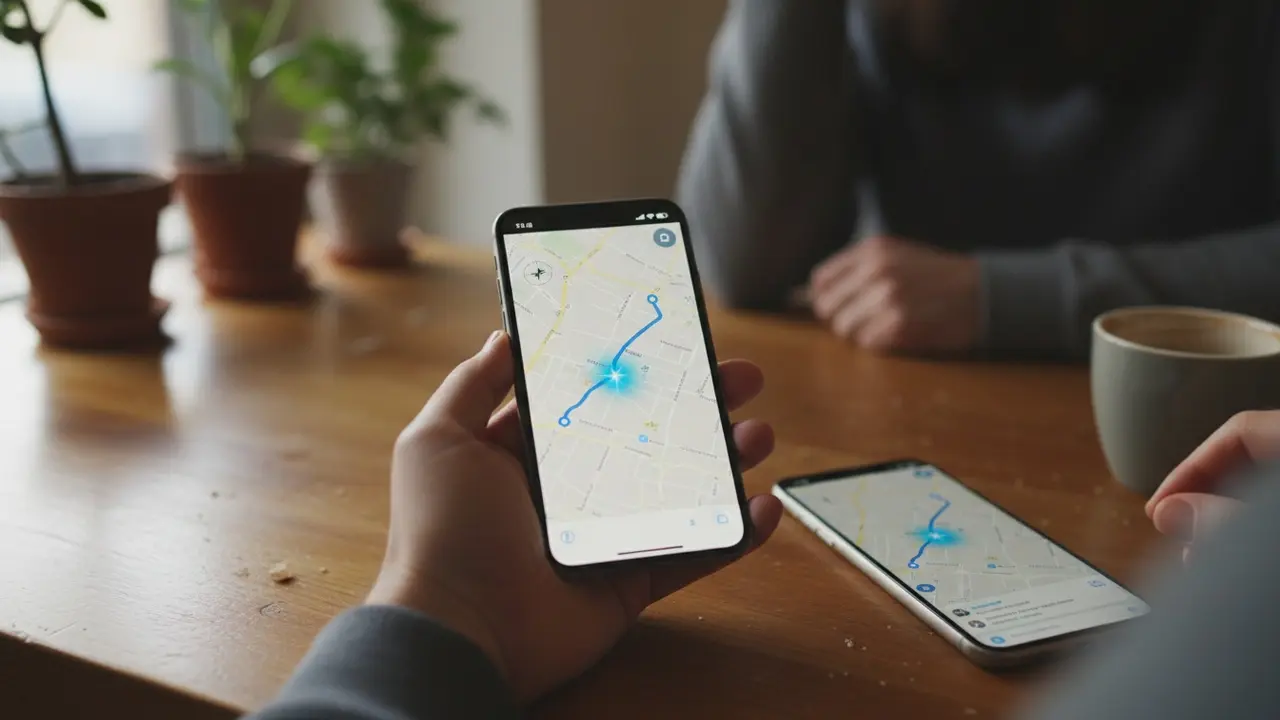 Smartphone viser live GPS-deling og rute, placering deles med en betroet person.