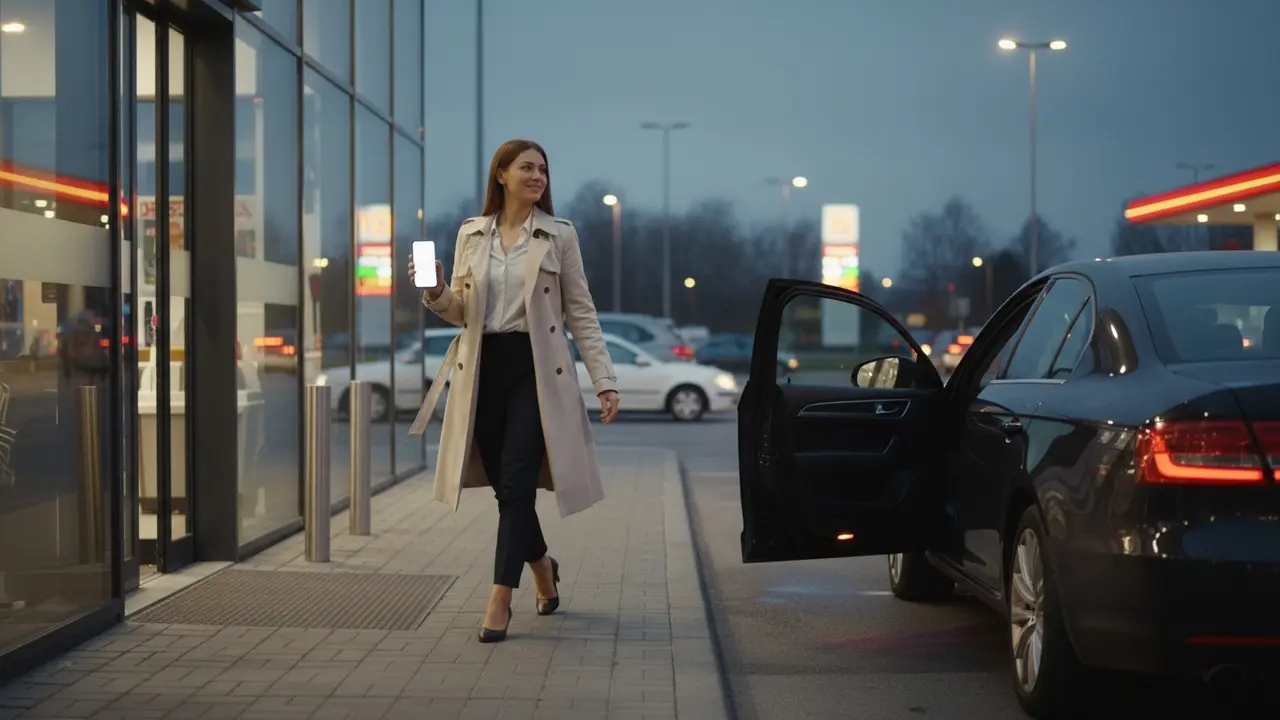 Passager stiger ud på et sikkert, oplyst sted og bruger telefon til at håndtere en ubehagelig situation.