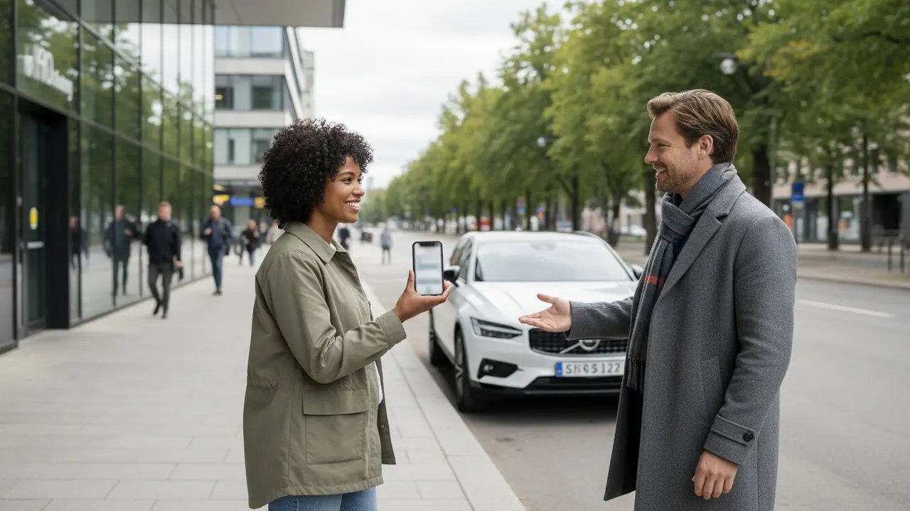 Chauffør og passager mødes ved et veloplyst offentligt mødested og sammenligner rideoplysninger på telefon.