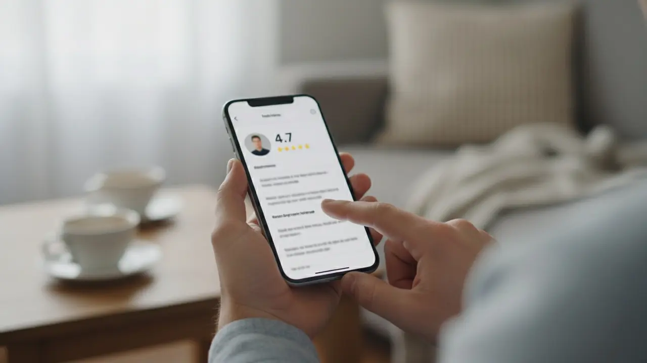 Nærbillede af smartphone med profil og brugeranmeldelser, en finger peger på en kommentar.