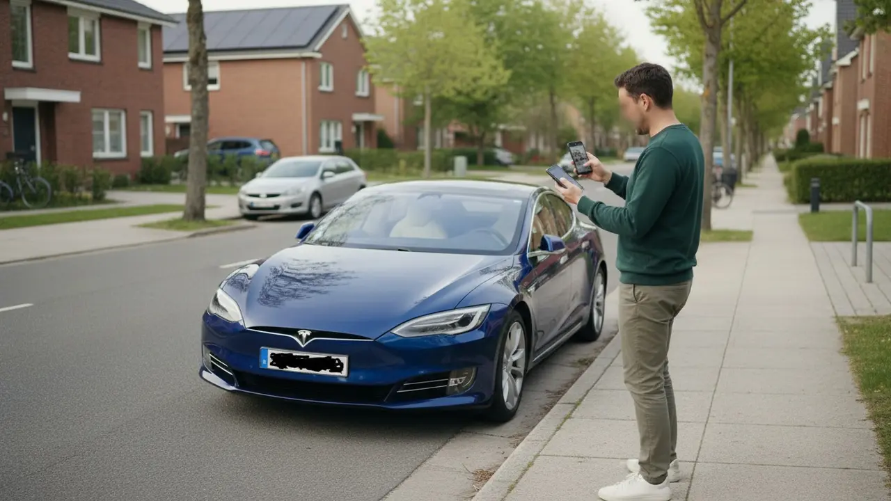 Person fotograferer bilens farve, mærke og nummerplade med telefon for at sammenligne med bookingoplysninger.