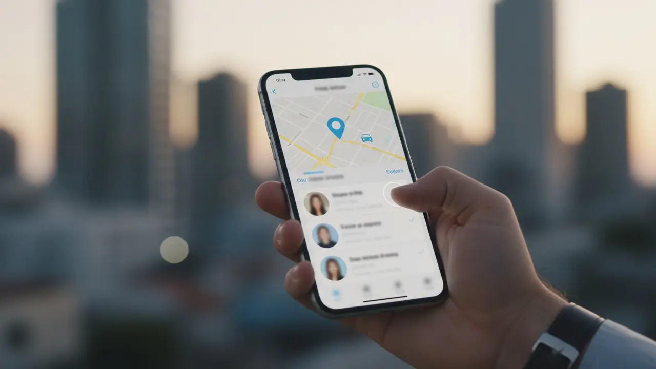 Mobil viser deling af turoplysninger (kort og køretøjsinfo) til en kontakt via besked.