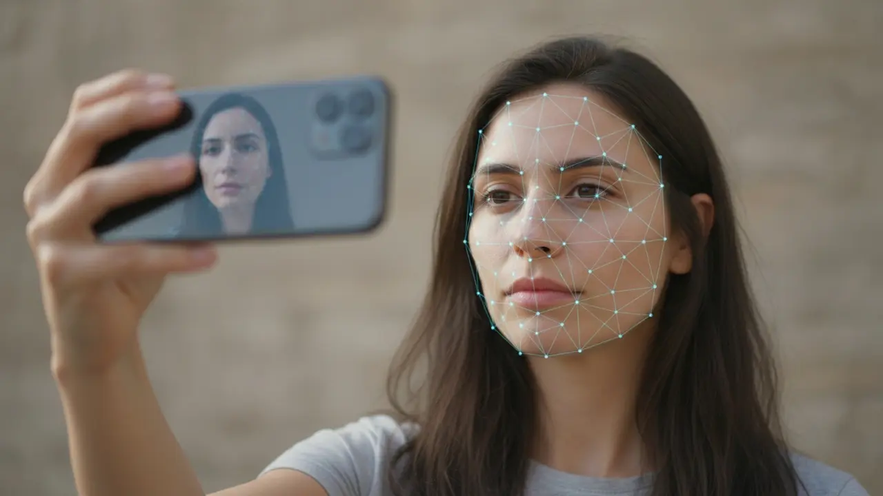 Person tager selfie til ansigtsgenkendelse med biometrisk mesh