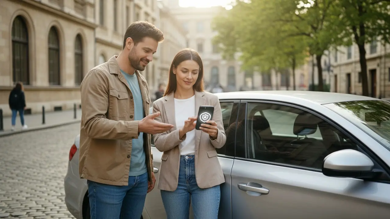 Chauffør og passager ved bil, symboliserer forsikringsdækning via app