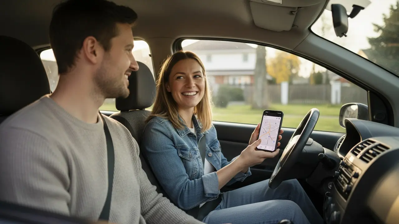 To pendlere i bil på vej til arbejde med smartphone der viser en rute