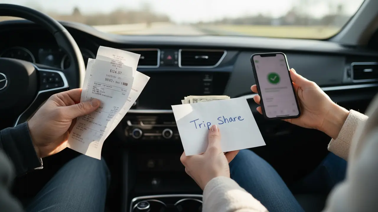 Chauffør holder kvitteringer mens passager viser betalingsbekræftelse på telefon
