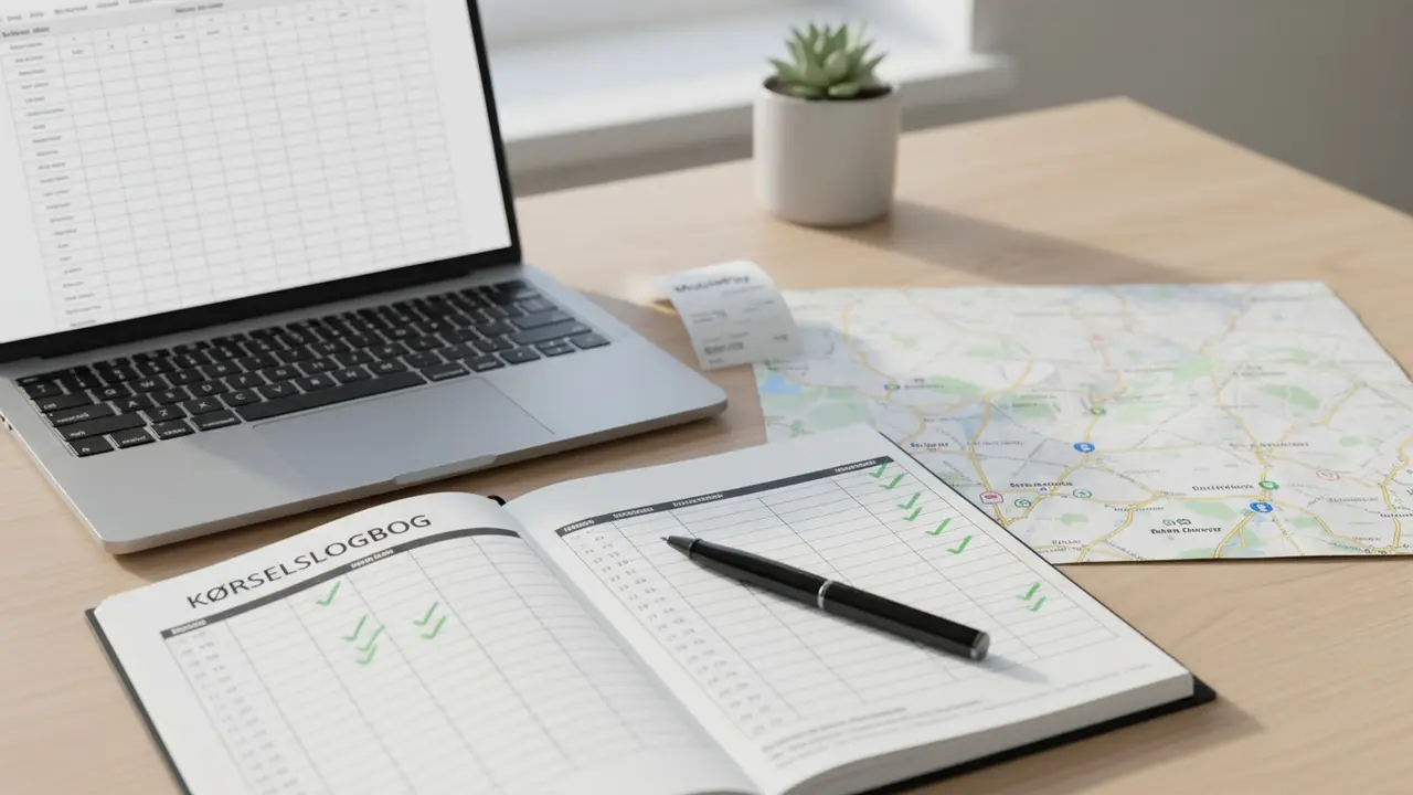 Kørselslogbog og udskrift af rute ved siden af laptop og kvitteringer på et bord