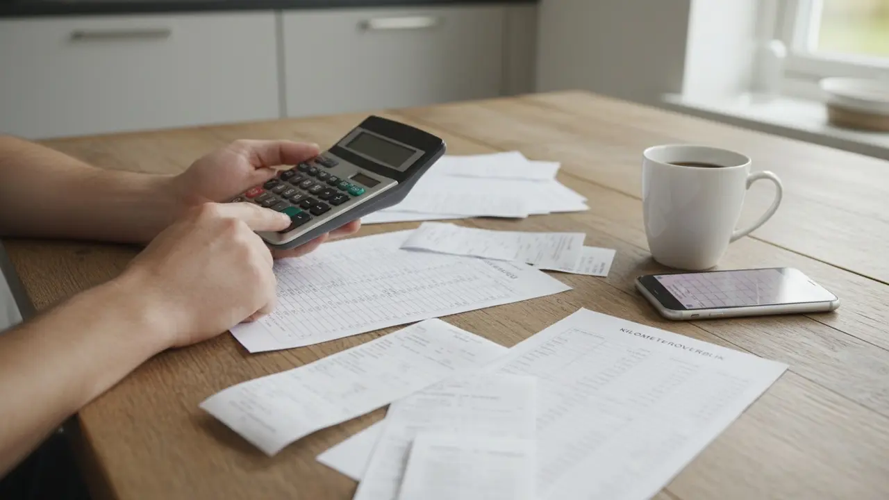 Person beregner kørselsfradrag ved bordet med lommeregner og udskrifter