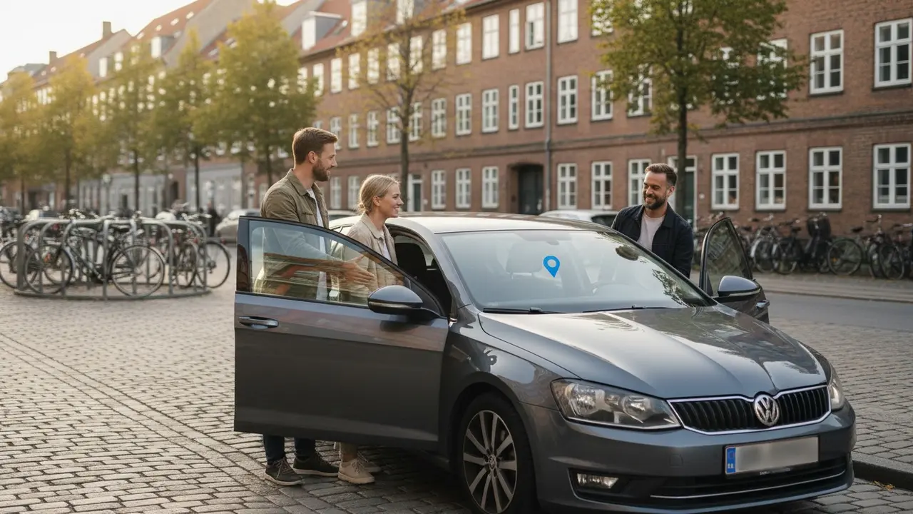 Bil i bymiljø med fører og passagerer ved start på samkørsel