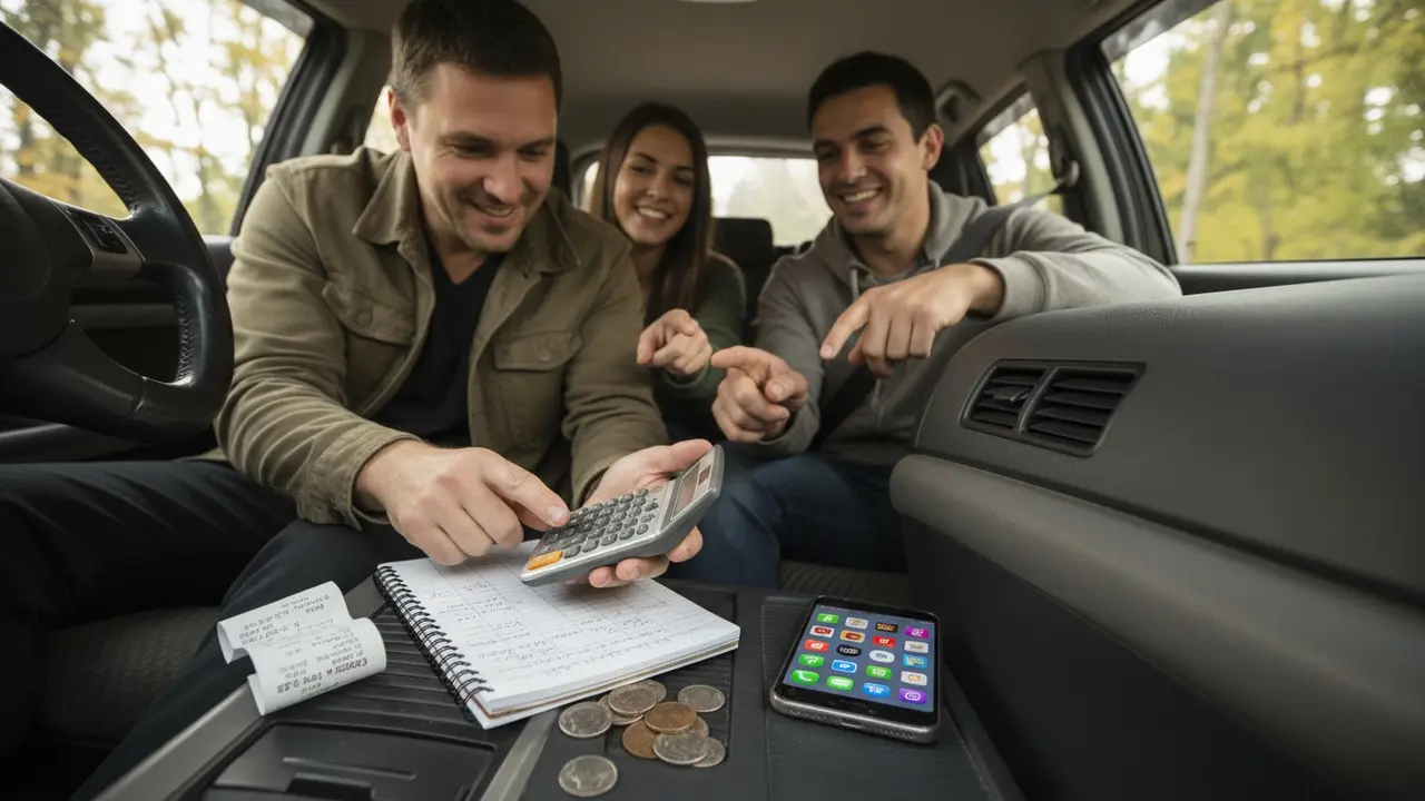 Chauffør beregner samkørselsomkostninger med kvitteringer og lommeregner i bilen