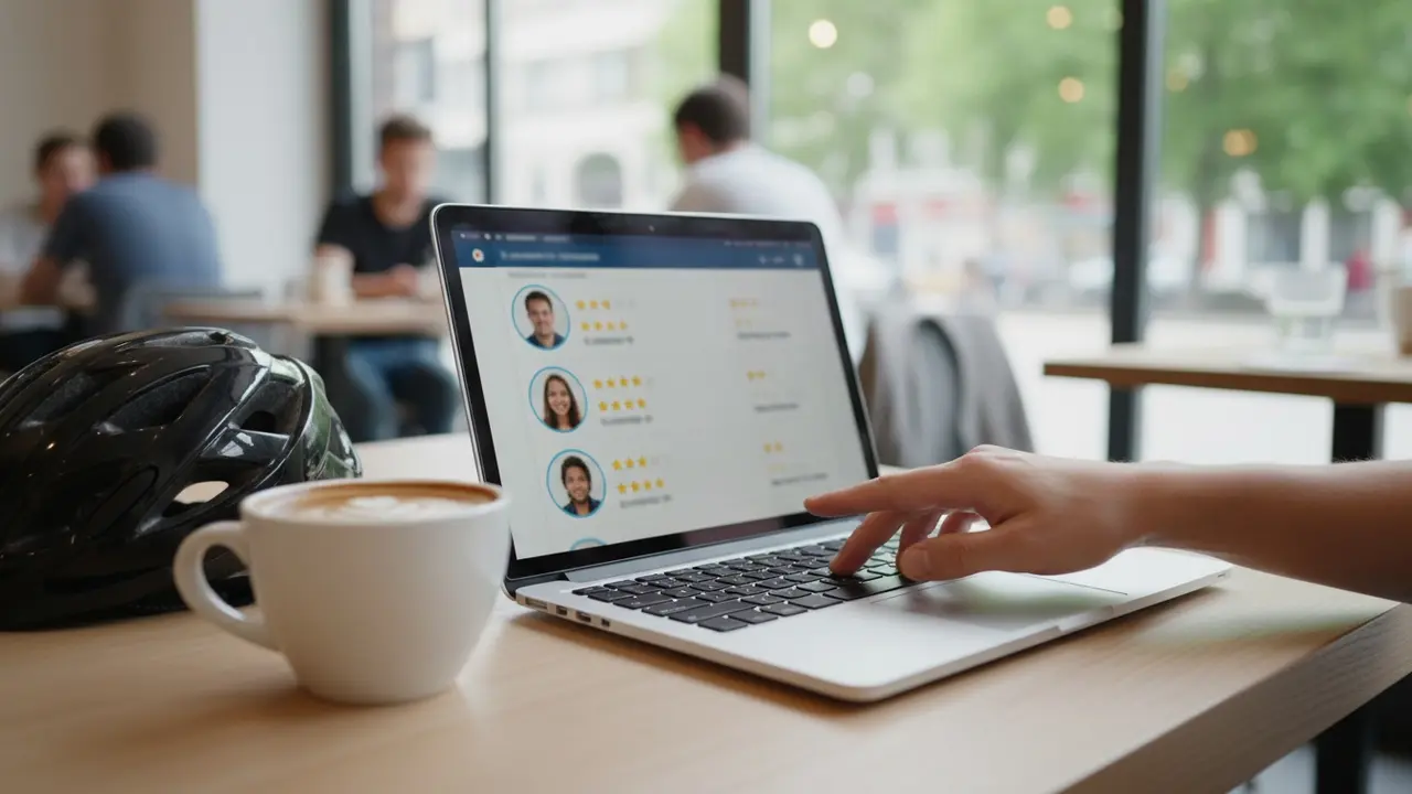 Person vælger sikker samkørselsplatform på laptop med brugerprofiler og ratings i baggrunden