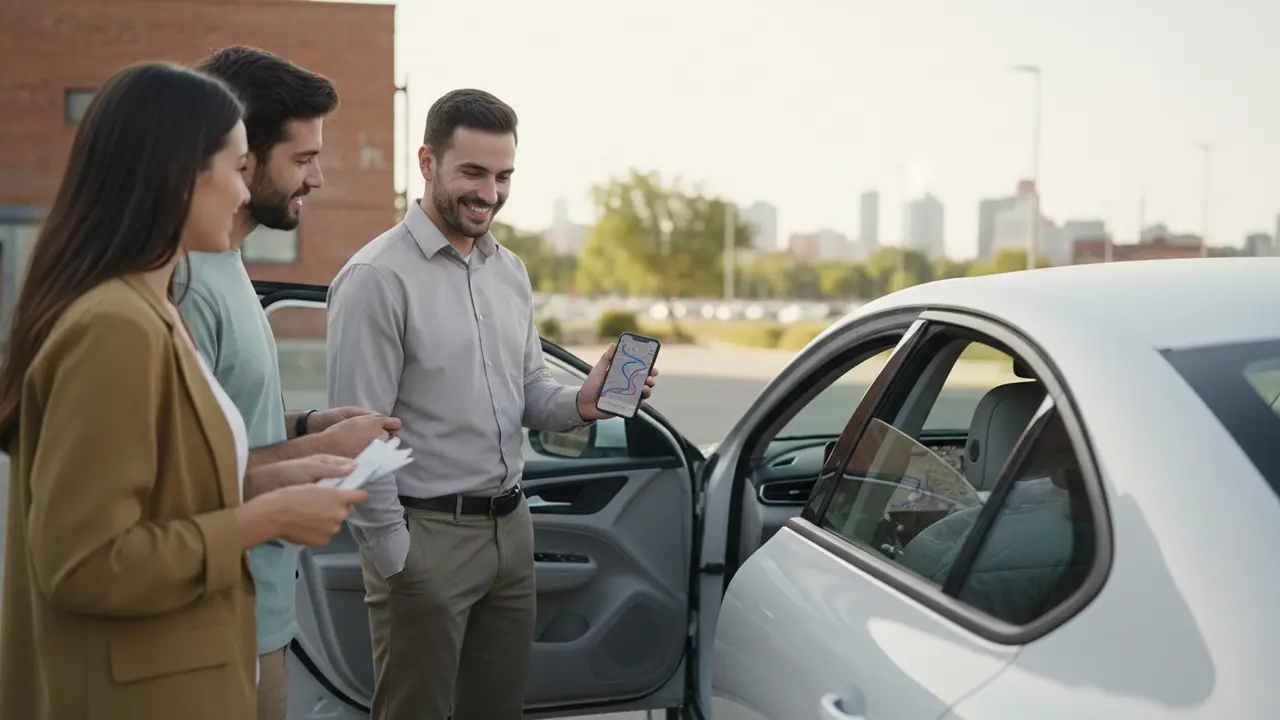 Bilist og passagerer ved bil med smartphone og kvitteringer klar til samkørsel