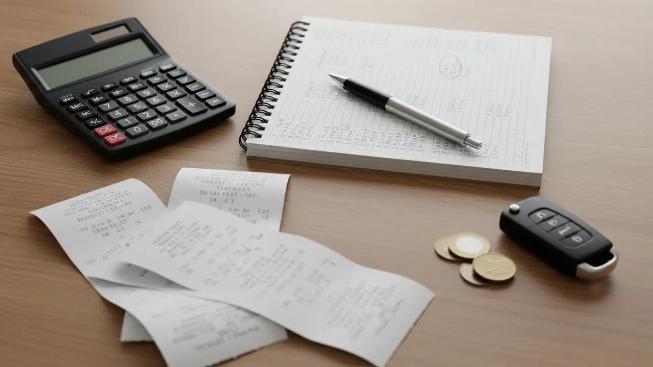 Kvitteringer, lommeregner og notesbog med beregning af samkørselsomkostninger