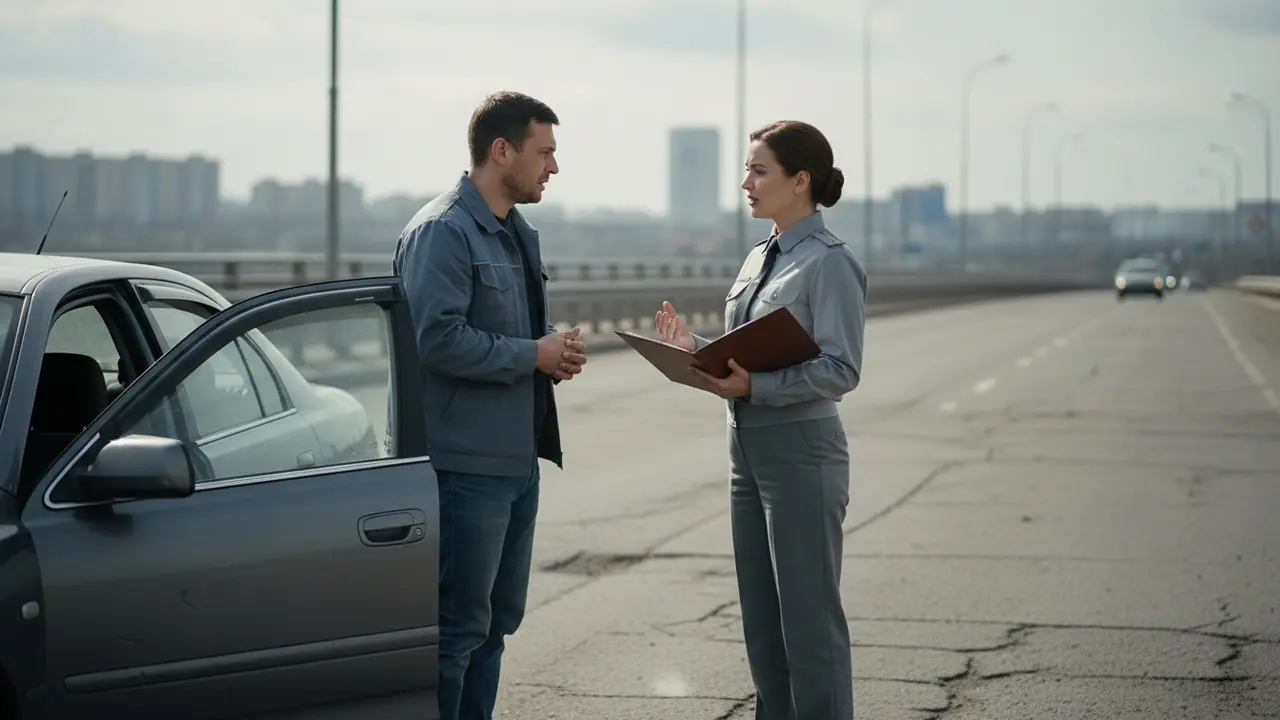 Bekymret bilist ved sin bil i samtale med en officiel om mulige konsekvenser