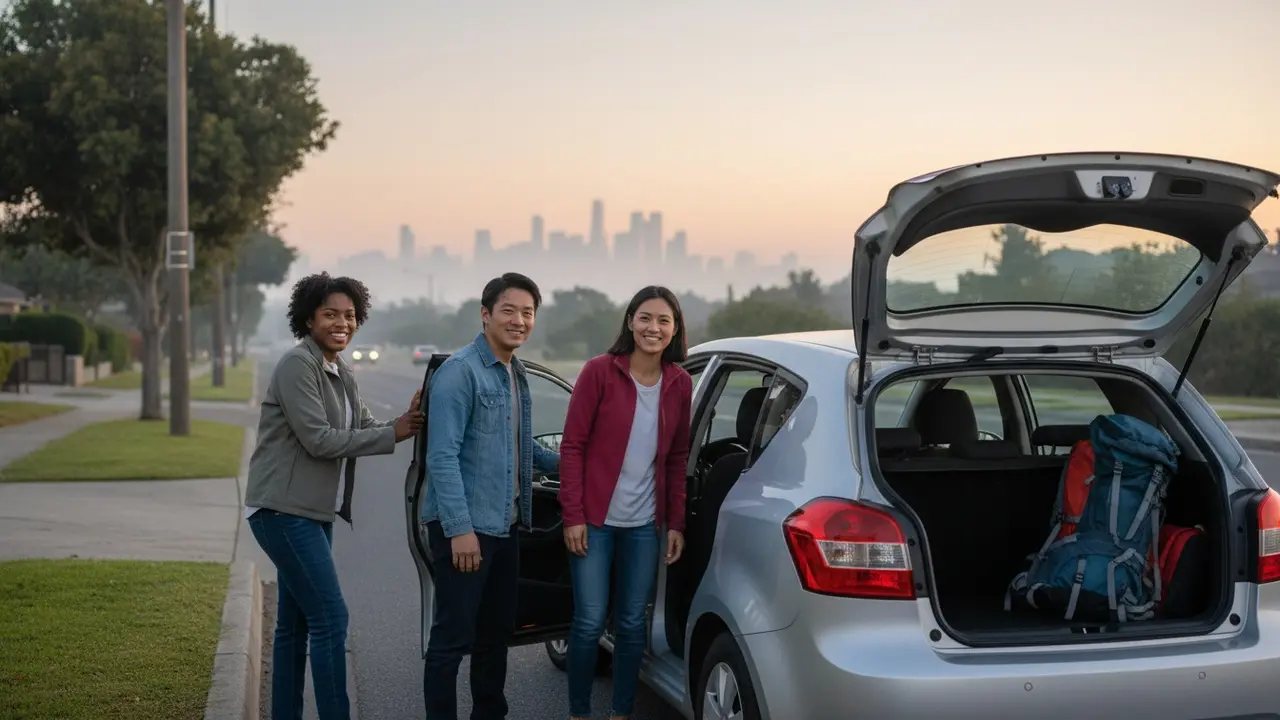 Fire pendlere stiger ind i samme bil tidlig morgen, smilende og klar til samkørsel