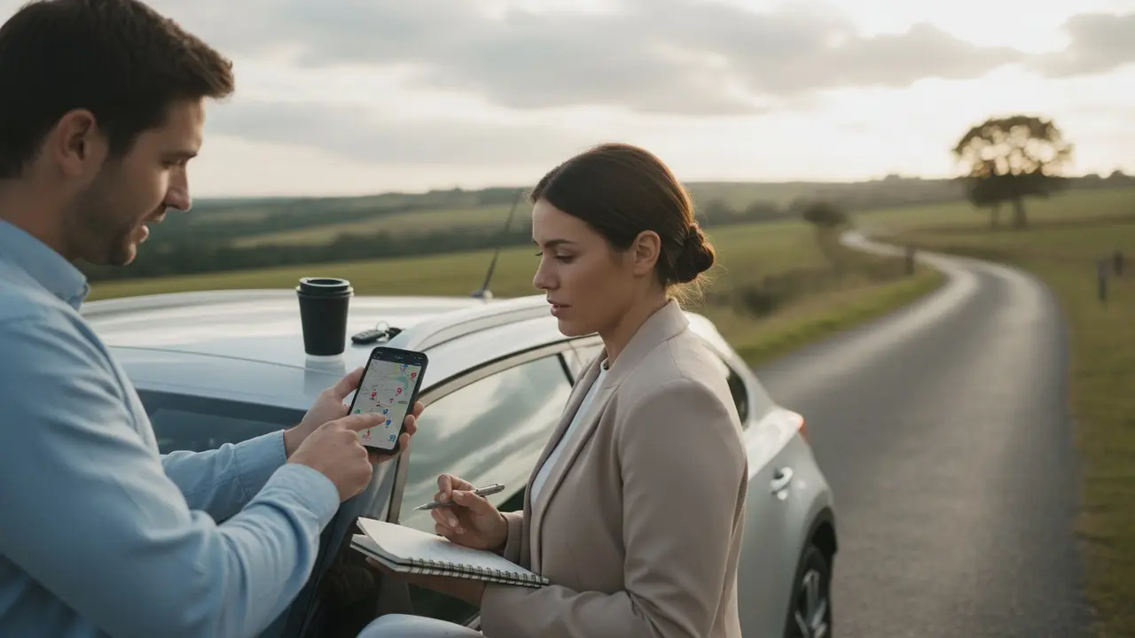 To kollegaer ved bilen kigger på smartphone med rute og planlægger første testkørsel