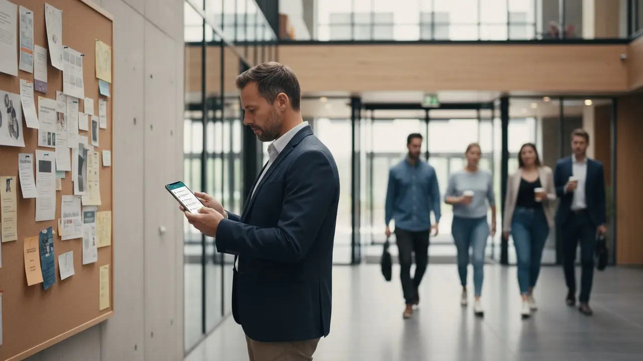 Person søger samkørsel via app på telefon ved arbejdspladsens opslagstavle