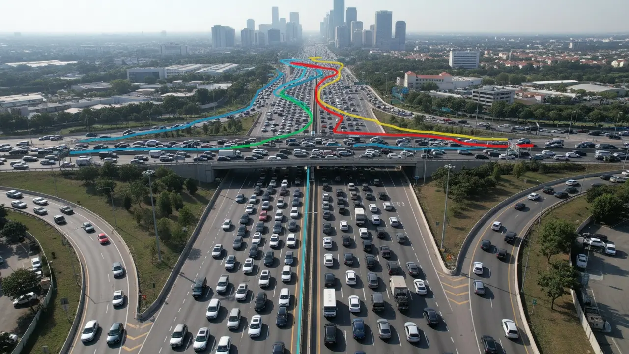 Luftfoto af motorvej i myldretid med markeringer af populære pendlerruter