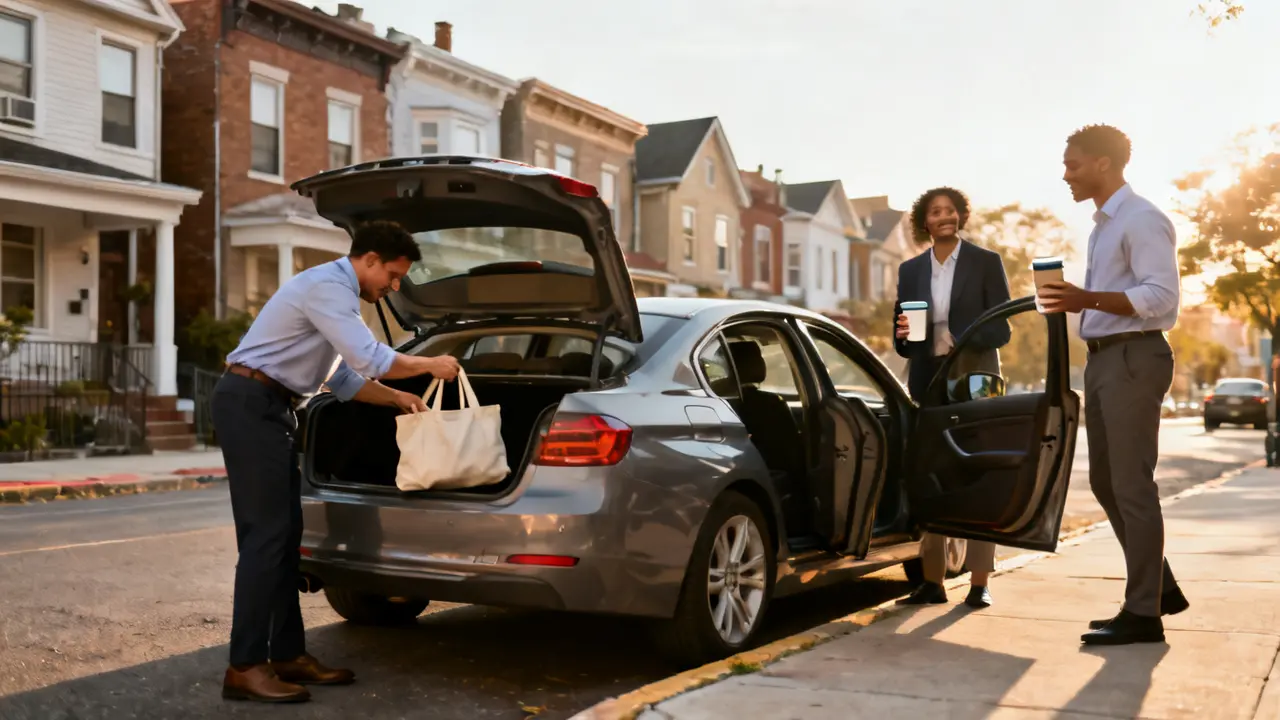 Kollegaer gør klar til samkørsel ved en bil på en boliggade om morgenen