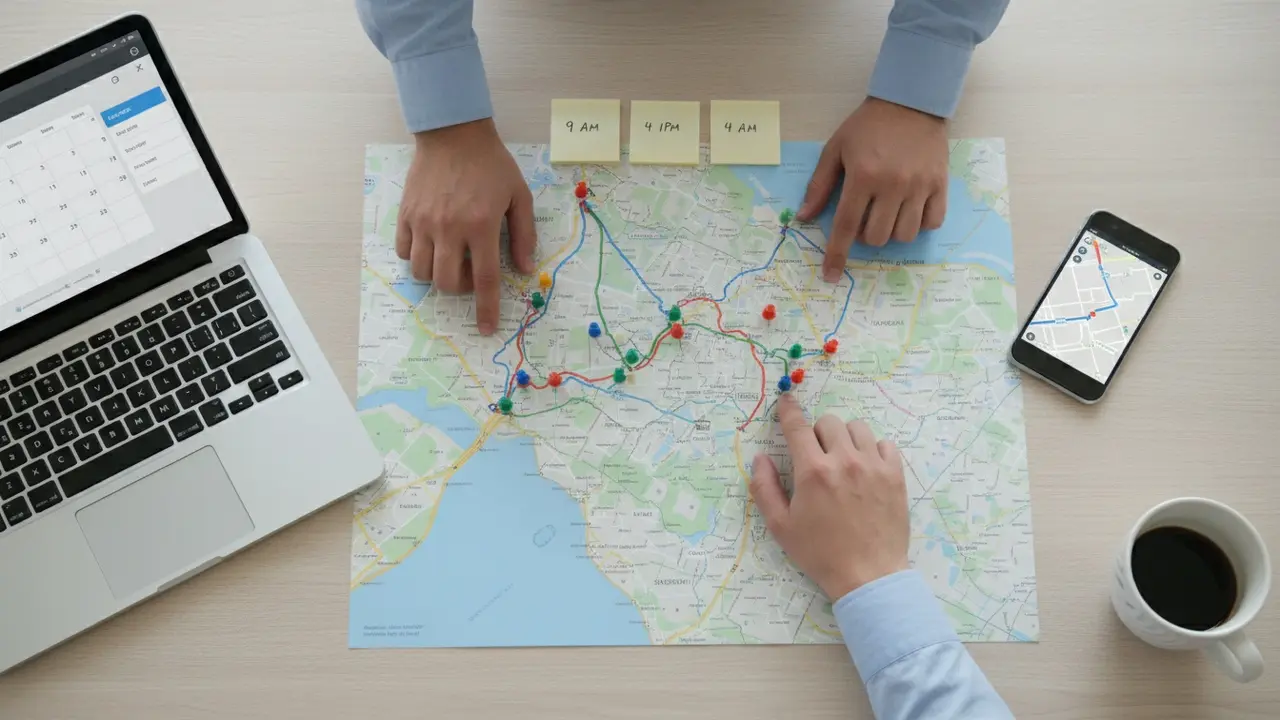 Nærbillede af kort, kalender og smartphone med planlægning af rute og arbejdstider
