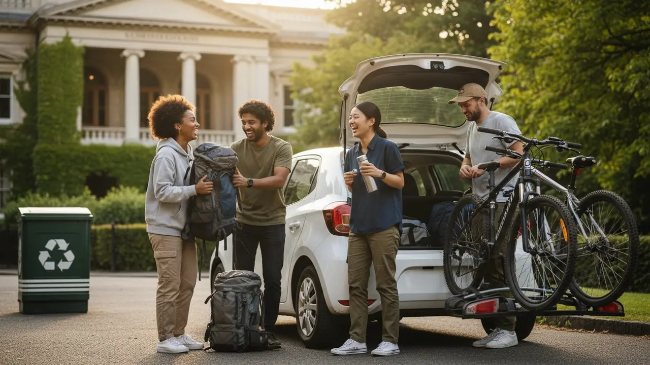 Fire studerende læsser rygsække i en bil ved campus, smilende og klar til samkørsel